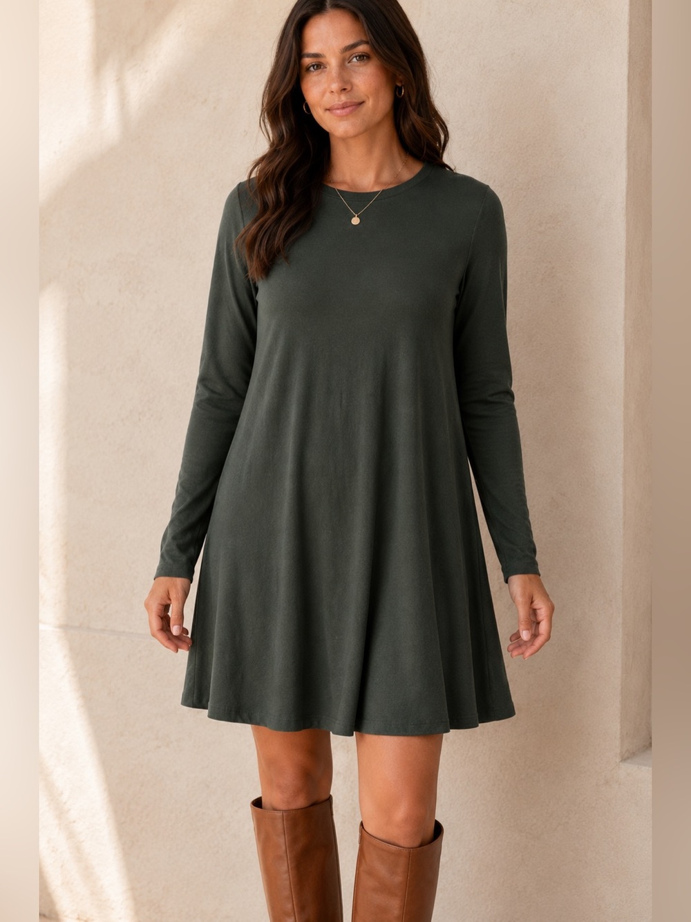 GAP Olive Green Long Sleeve Swing T Shirt Dress A Line Mini Size S